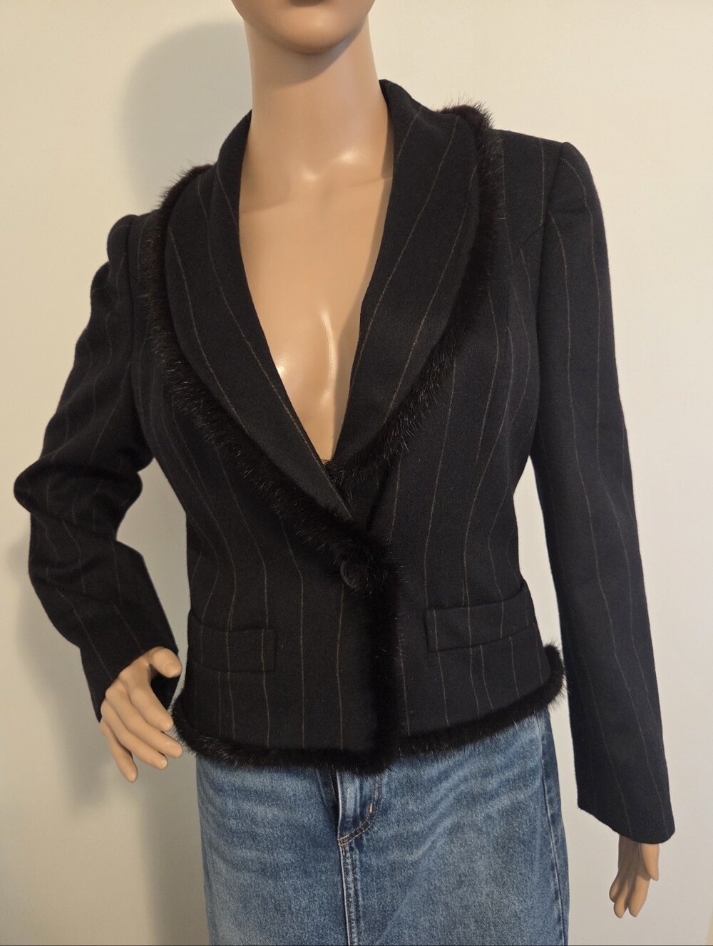 Michelle Moissac Paris Vintage Black Pinstripe Blazer